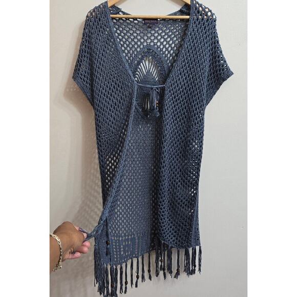 Artesia Womens Boho Crochet Duster Cover-up Size M Blue Beaded Open Knit Boho - Picture 4 of 12